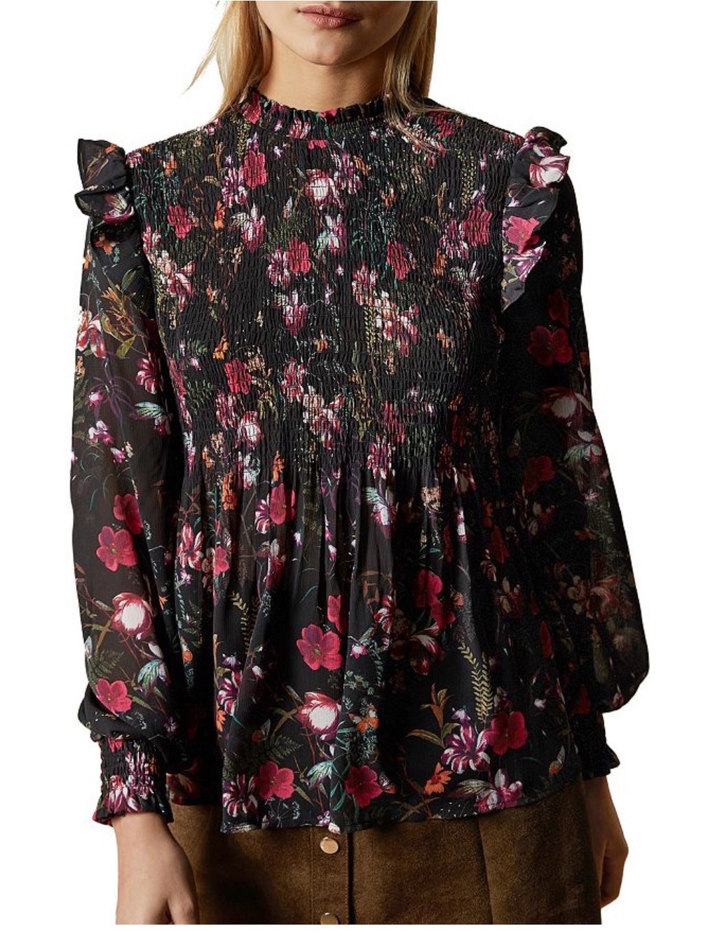 Ted Baker Black Floral Smocked Long-Sleeve Blouse